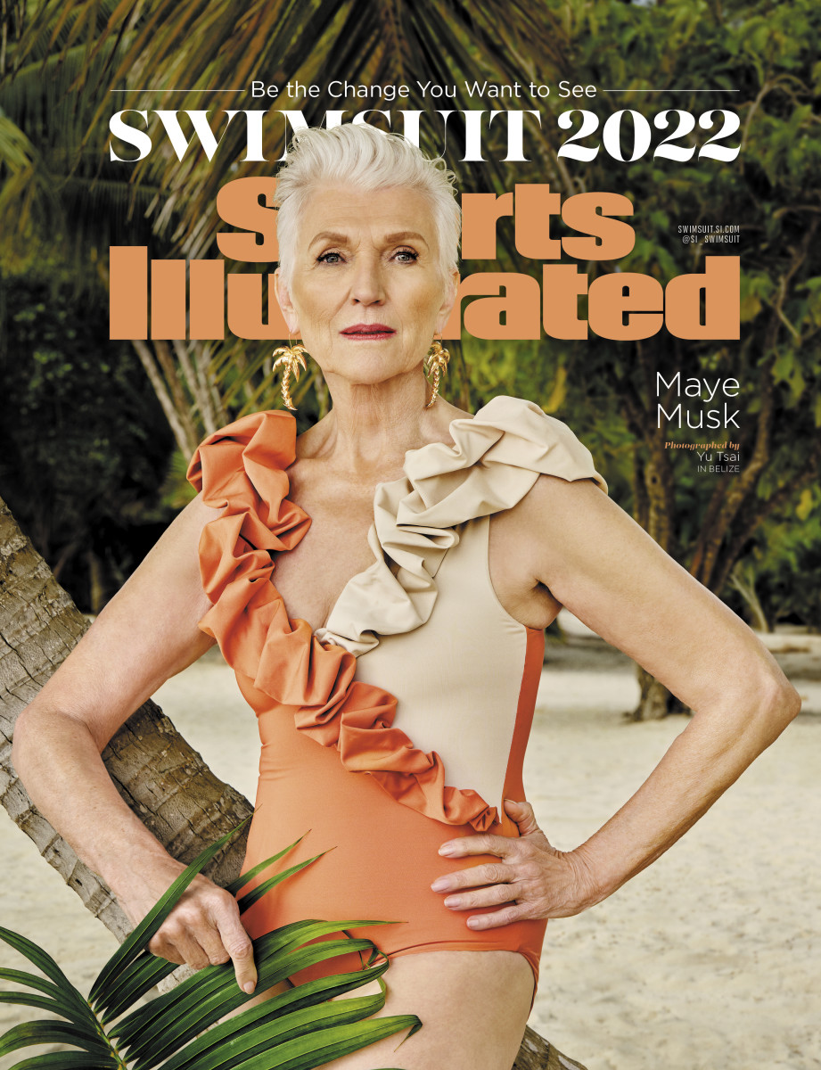 Maye Musk was photographed by Yu Tsai in Belize. Swimsuit by Maygel Coronel. Bracelet by Viktoria Hayman.